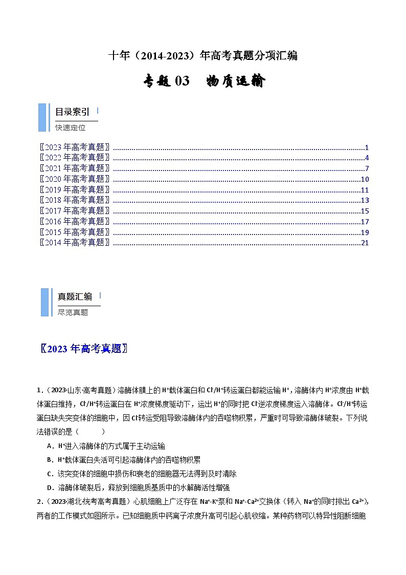 专题03 物质运输- 十年（2014-2023）高考生物真题分项汇编（全国通用）01