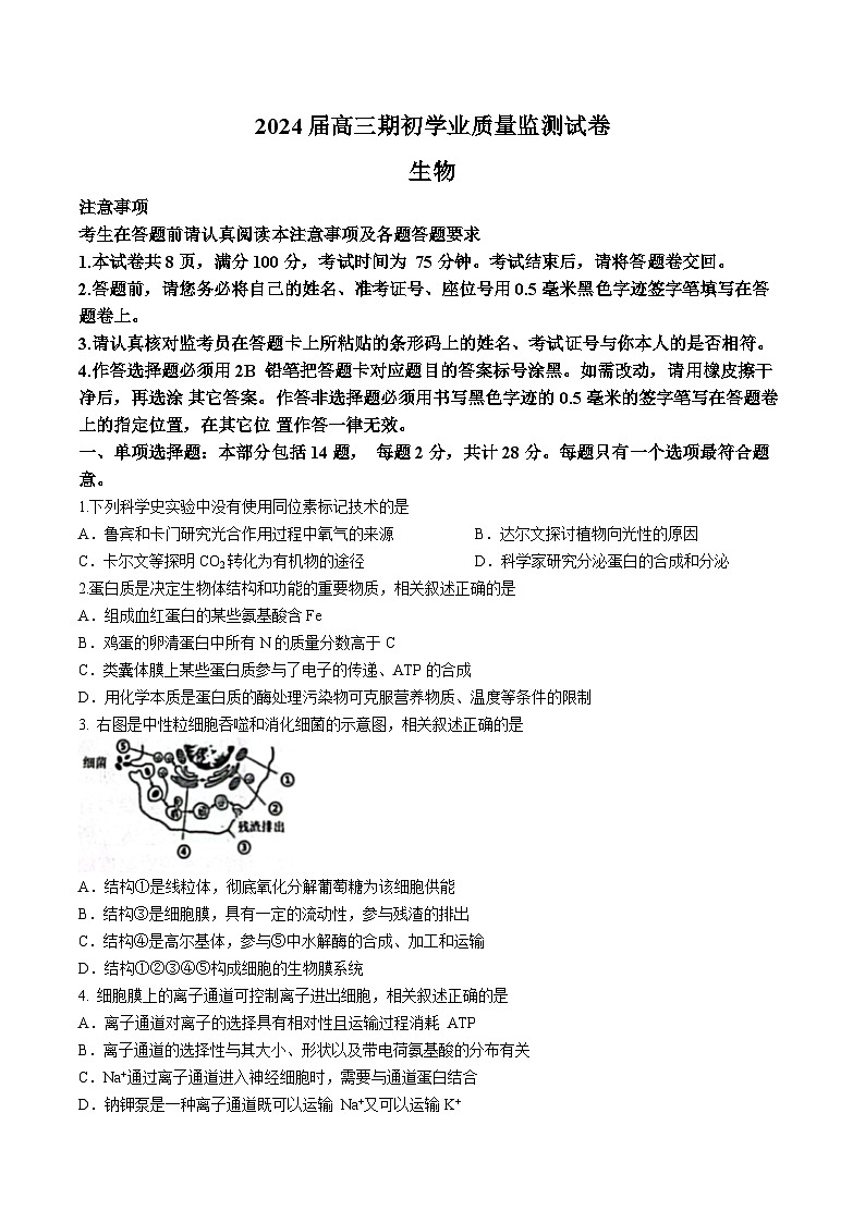 江苏省南通市海安市2023-2024学年高三上学期开学生物试题(无答案)第1页