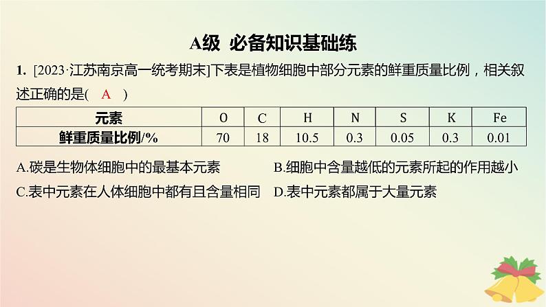 江苏专版2023_2024学年新教材高中生物第一章细胞的分子组成第一节细胞中的元素和无机化合物分层作业课件苏教版必修102