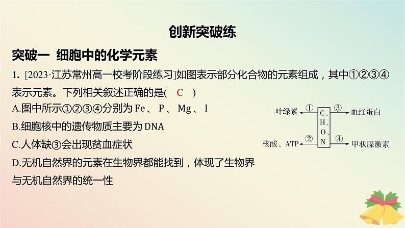 江苏专版2023_2024学年新教材高中生物第一章细胞的分子组成本章知识网络分层作业课件苏教版必修102