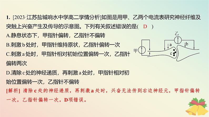 江苏专版2023_2024学年新教材高中生物第一章人体稳态维持的生理基础第一节神经调节微专题一动作电位的传导与传递相关实验分析题分层作业课件苏教版选择性必修102