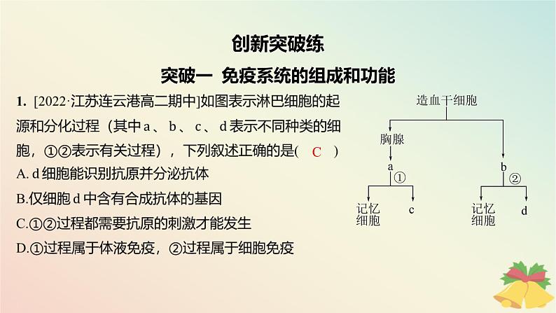 江苏专版2023_2024学年新教材高中生物第三章人的免疫调节与稳态本章知识网络分层作业课件苏教版选择性必修102