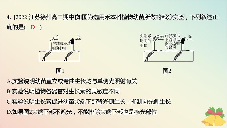 江苏专版2023_2024学年新教材高中生物第四章植物生命活动的调节第一节植物生长素第一课时生长素的发现和生长素的合成分布与运输分层作业课件苏教版选择性必修107