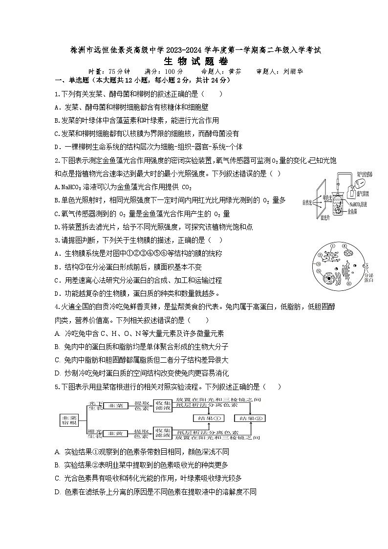 湖南省株洲市远恒佳景炎高级中学2023-2024学年高二上学期入学考试生物试题第1页