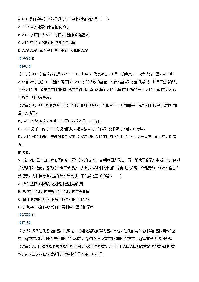 浙江省名校协作体2023-2024学年高二生物上学期开学考试试题（Word版附解析）03