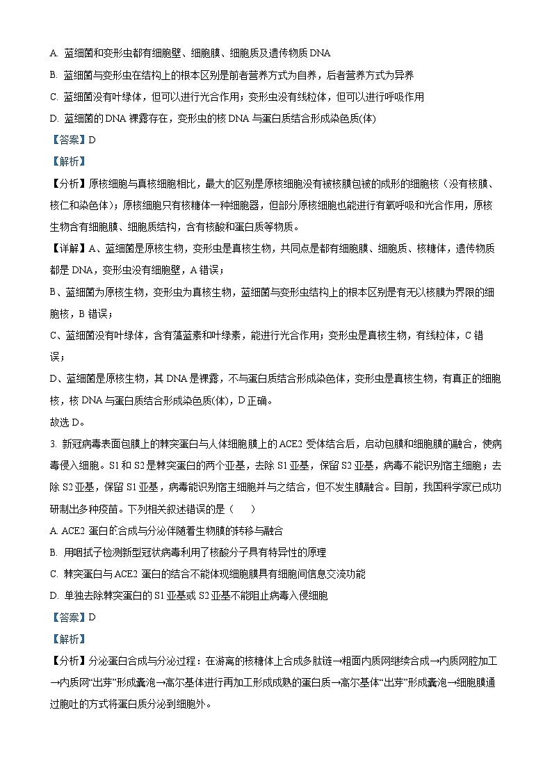 重庆市渝北中学2023-2024学年高三生物上学期8月月考试题（Word版附解析）02