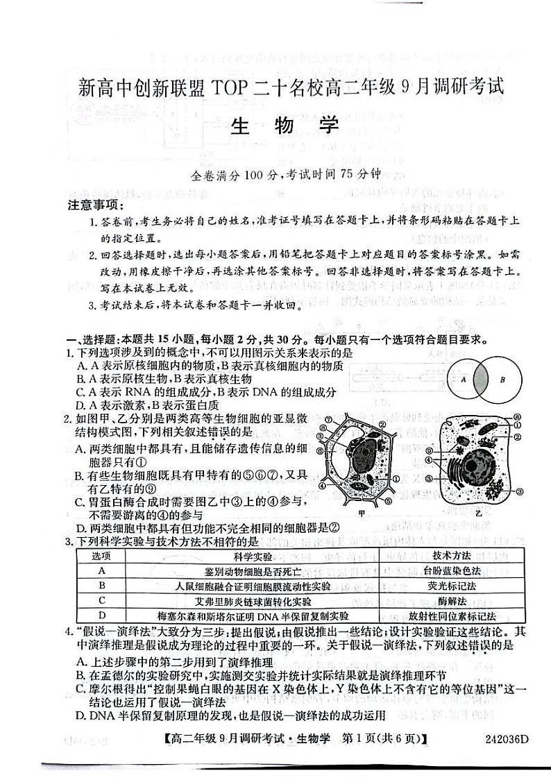 新高中创新联盟TOP二十名校高二年级9月调研考试 生物(1)第1页