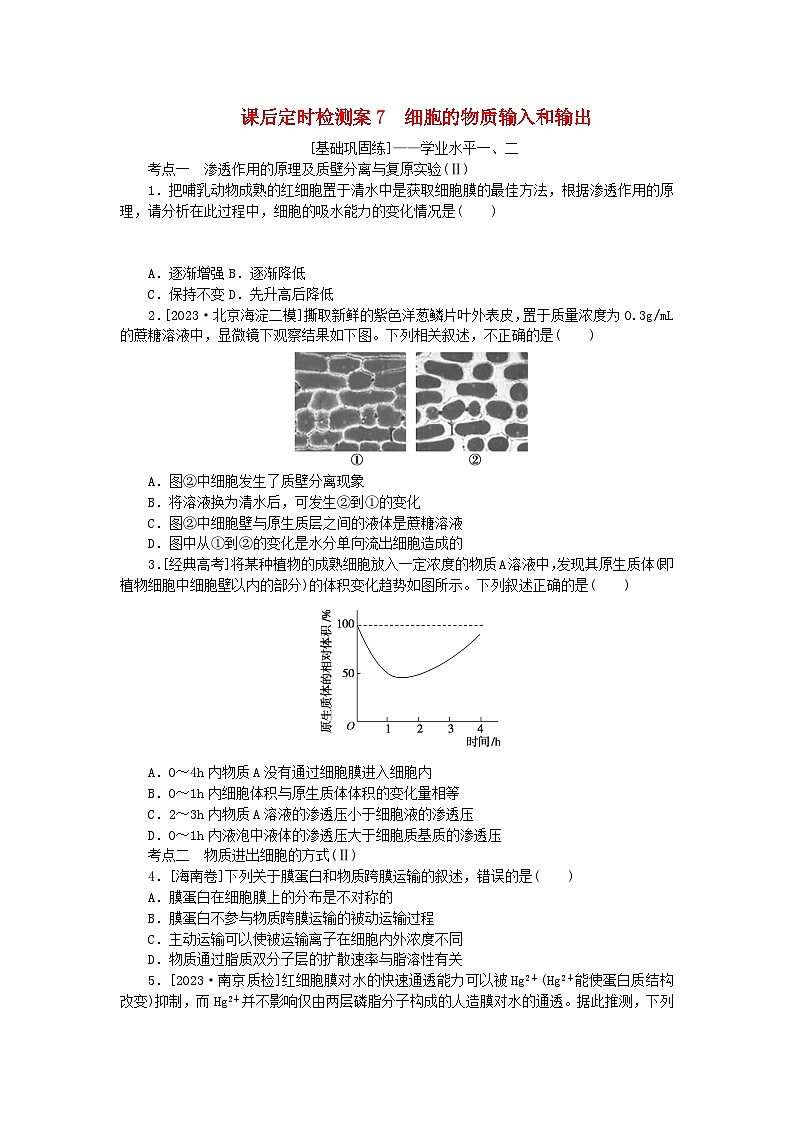 2024版新教材高考生物全程一轮总复习课后定时检测案7细胞的物质输入和输出01