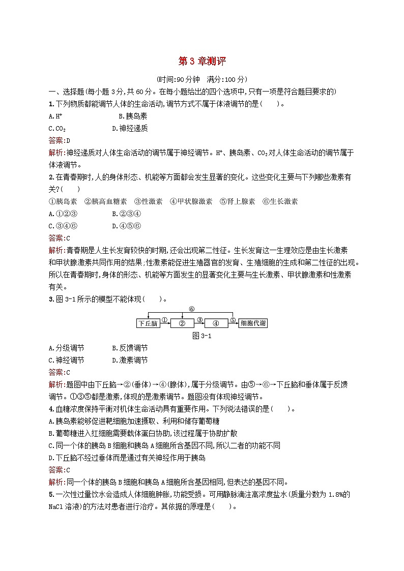 新教材适用2023年高中生物第3章机体稳态的体液调节测评北师大版选择性必修101