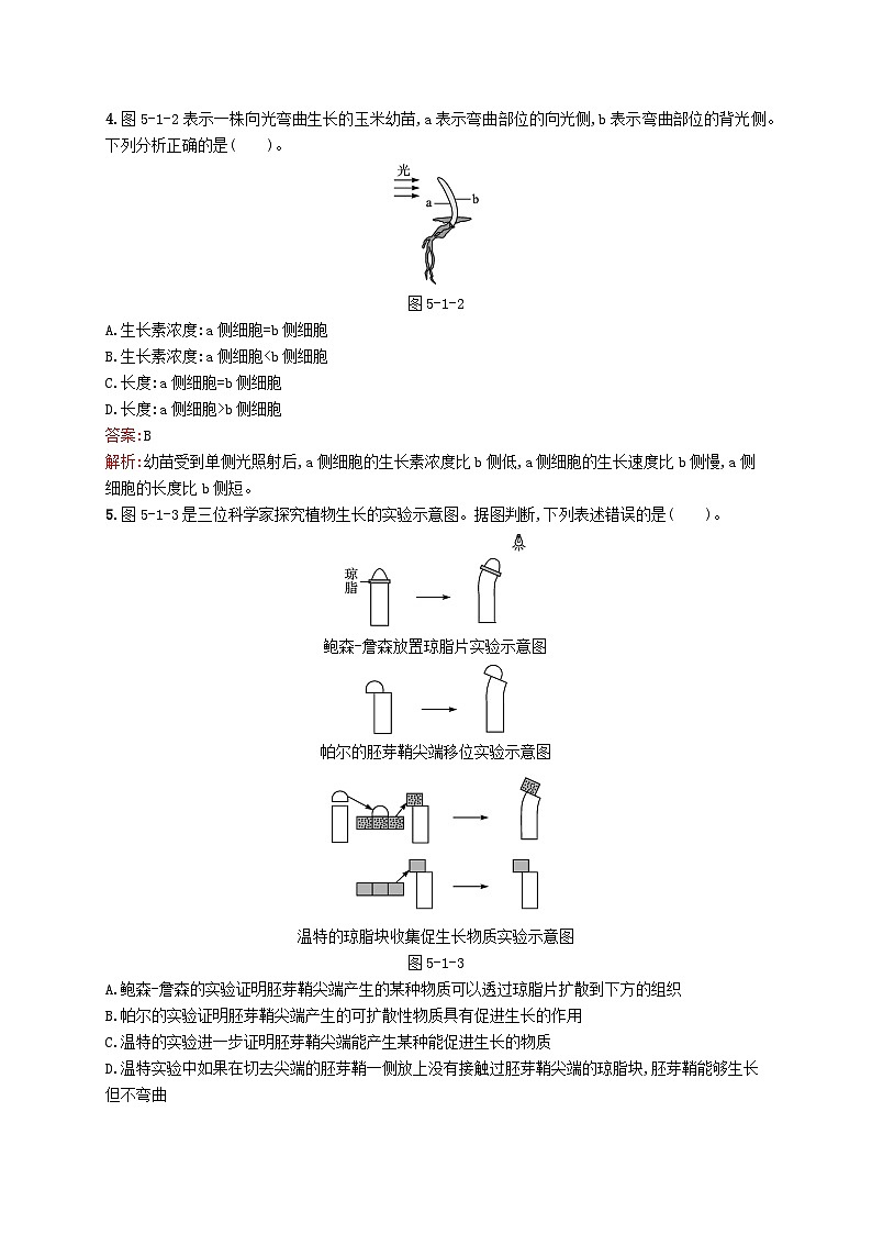 新教材适用2023年高中生物第5章植物生命活动的调节第一节植物生长素的发现与作用课后习题北师大版选择性必修102