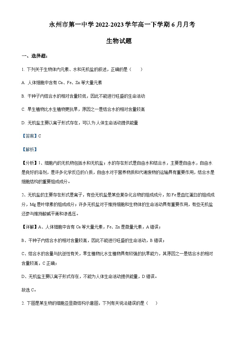 2022-2023学年湖南省永州市第一中学高一下学期6月月考生物试题Word版含解析01