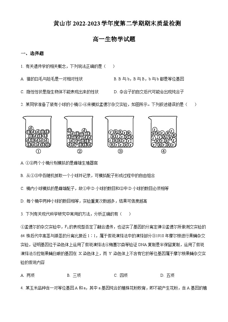 安徽省黄山市2022-2023学年高一下学期期末测试生物试题  Word版无答案第1页