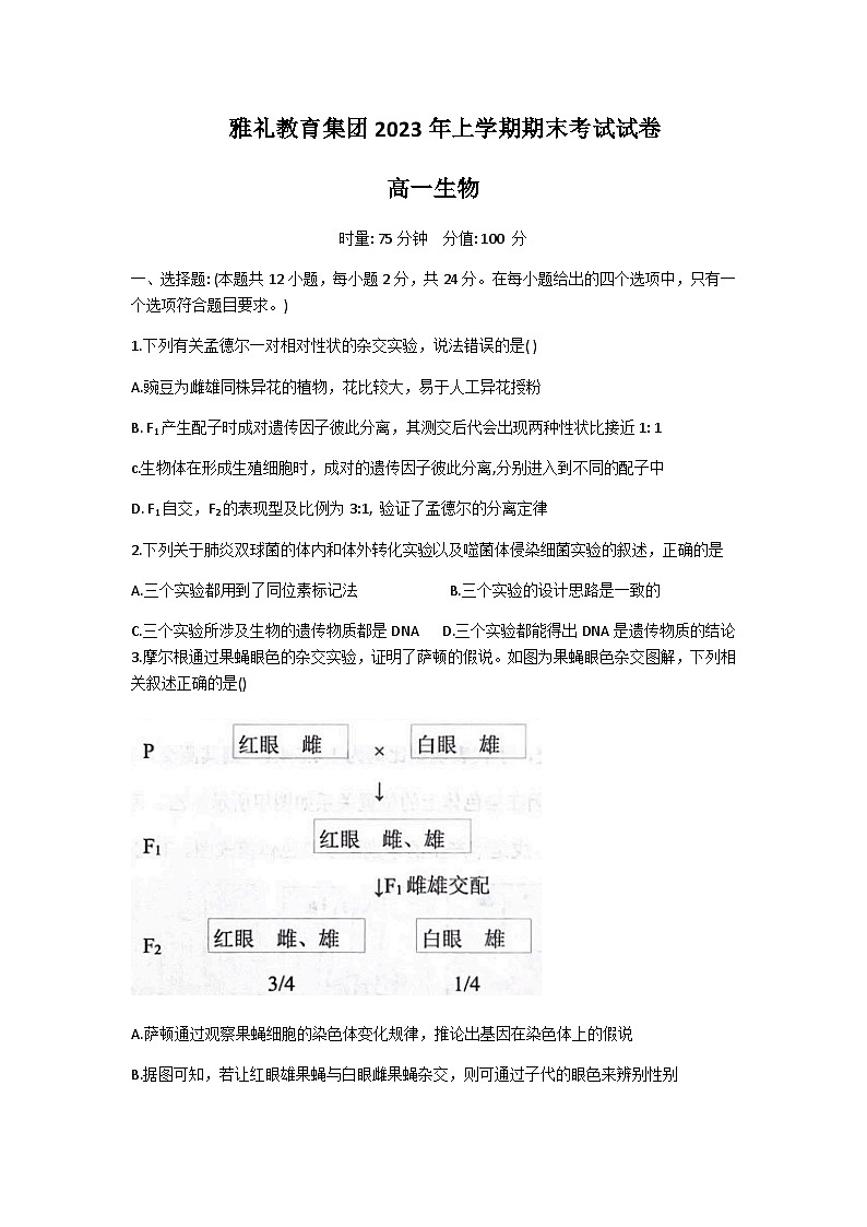 2022-2023学年湖南省长沙市雅礼中学高一下学期期末考试生物试题含答案01