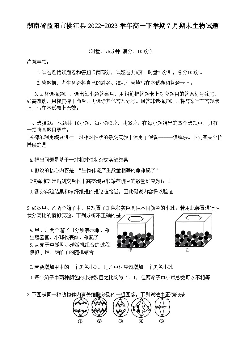 2022-2023学年湖南省益阳市桃江县高一下学期7月期末生物试题含答案01