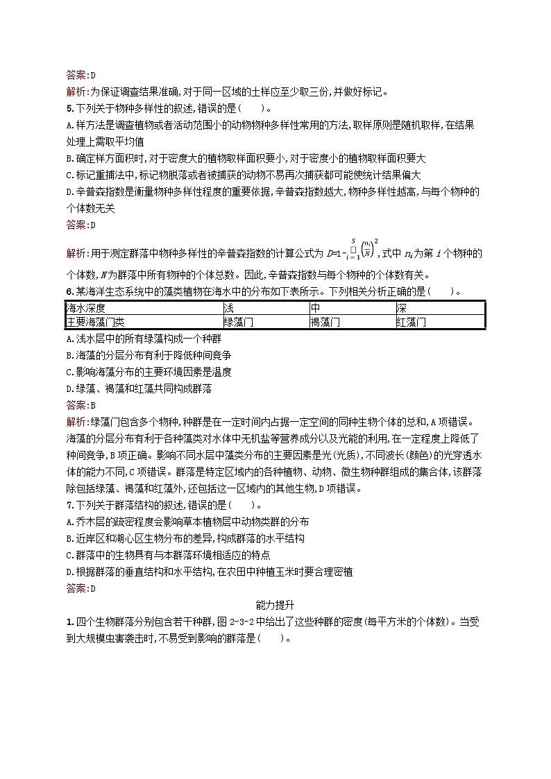 新教材适用2023年高中生物第2章种群与群落第三节群落的结构课后习题北师大版选择性必修2第2页