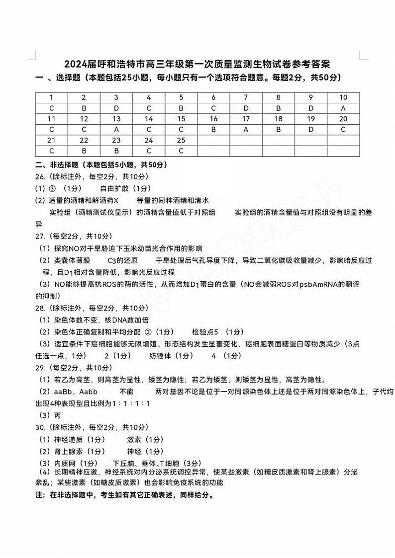 2024届内蒙古呼和浩特市高三上学期第一次质量监测生物PDF版含答案01