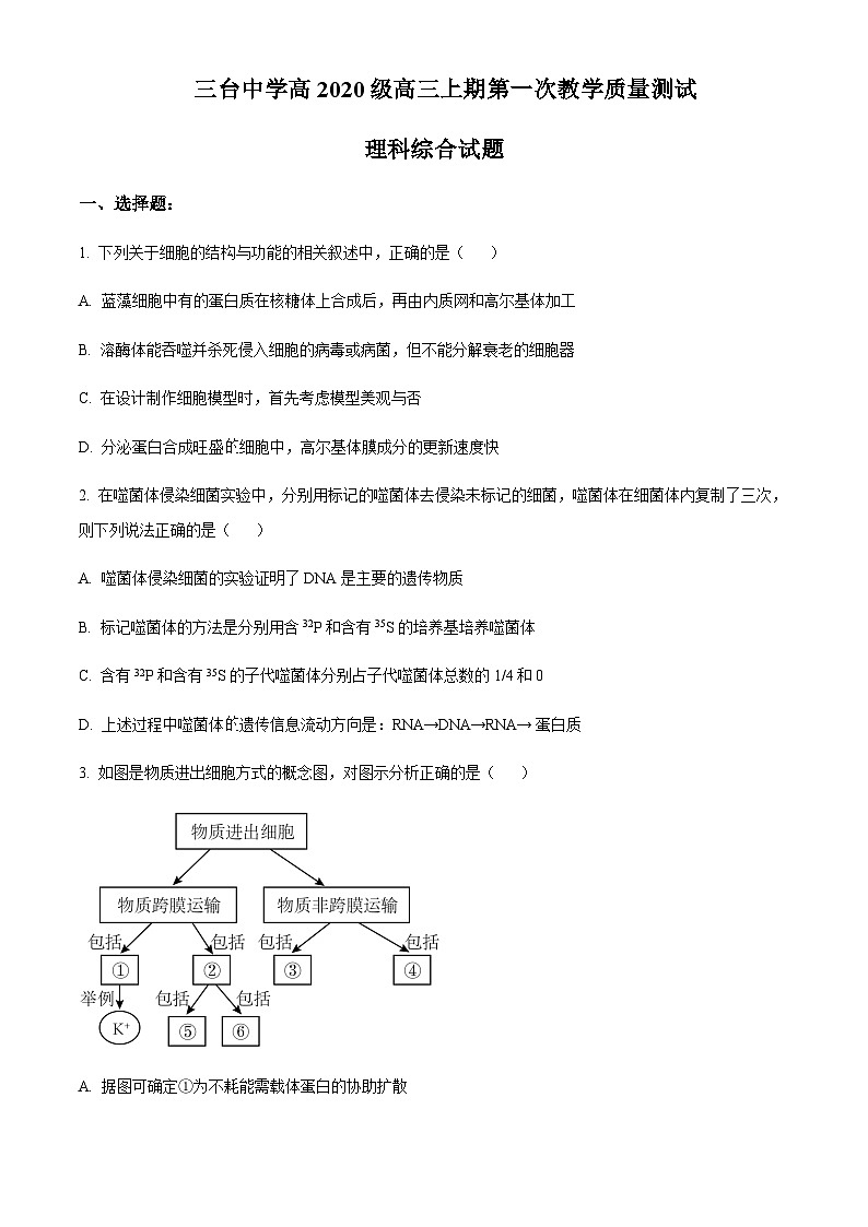 2022-2023学年四川省绵阳市三台中学高三上学期第一次教学质量测试理综生物试题含答案01