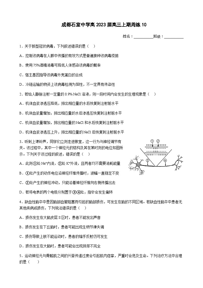 2022-2023学年四川省成都市石室中学高三上学期周练生物10含答案01