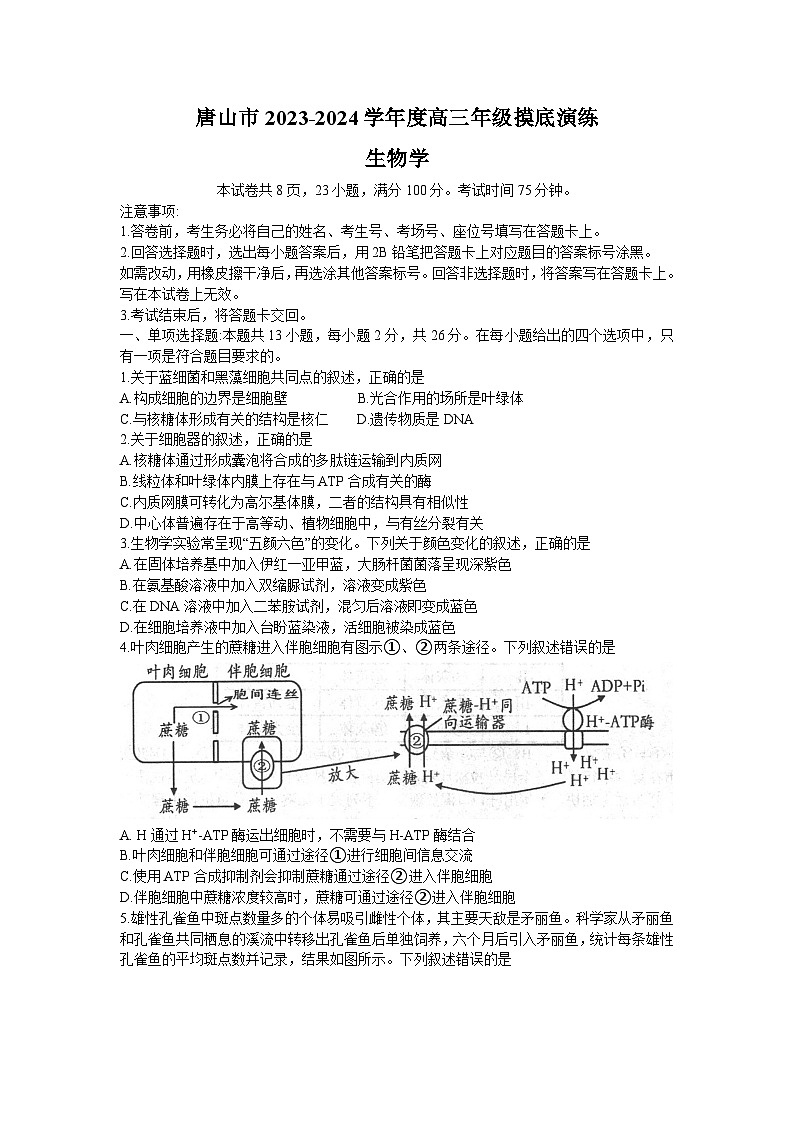 河北省唐山市2023-2024学年高三上学期开学摸底演练生物试题第1页
