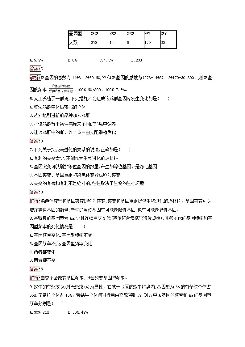 新教材适用2023年高中生物第6章生物的进化第3节种群基因组成的变化与物种的形成第1课时种群基因组成的变化课后习题新人教版必修202