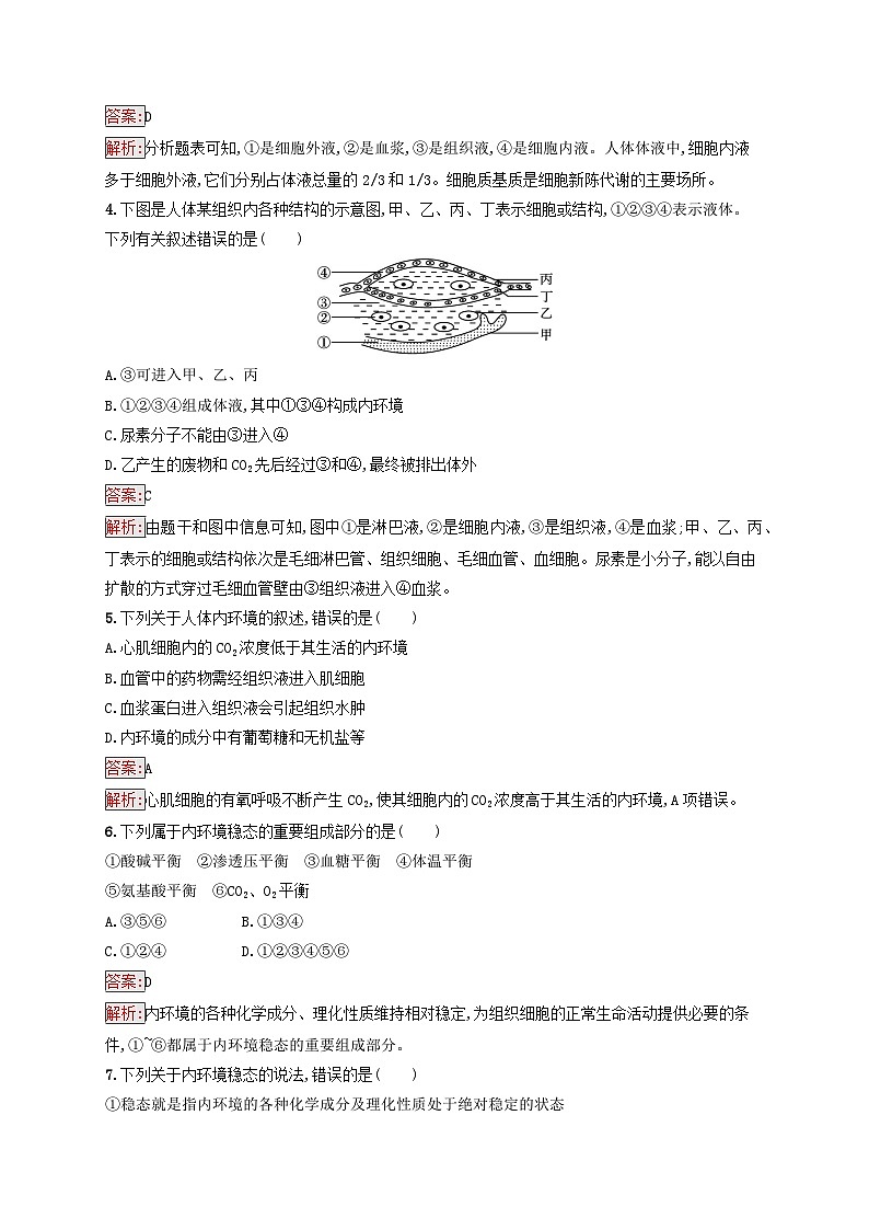 新教材适用2023年高中生物第1章人体的内环境与稳态测评新人教版选择性必修102