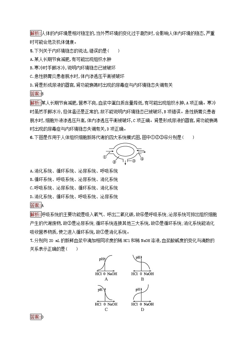 新教材适用2023年高中生物第1章人体的内环境与稳态第2节内环境的稳态课后习题新人教版选择性必修102