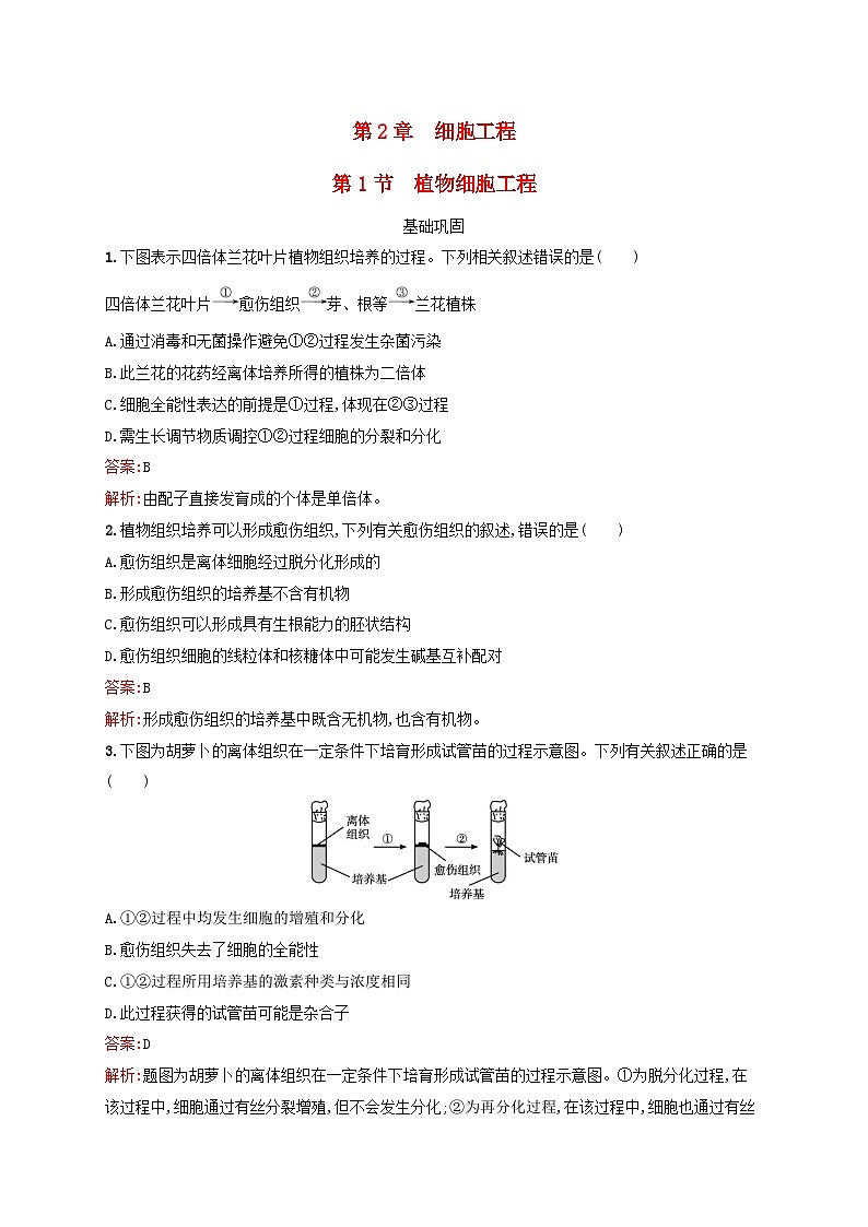 新教材适用2023年高中生物第2章细胞工程第1节植物细胞工程课后习题新人教版选择性必修3第1页