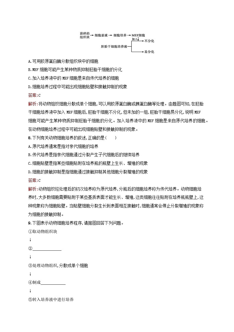 新教材适用2023年高中生物第2章细胞工程第2节动物细胞工程第1课时动物细胞培养课后习题新人教版选择性必修303