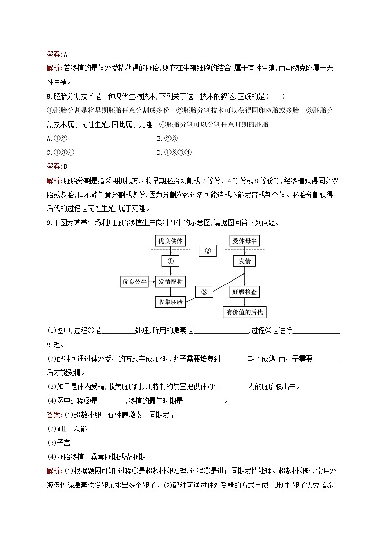 新教材适用2023年高中生物第2章细胞工程第3节胚胎工程第2课时胚胎工程技术及其应用课后习题新人教版选择性必修303