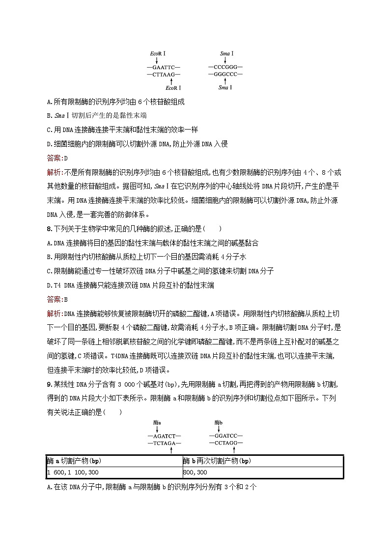 新教材适用2023年高中生物第3章基因工程第1节重组DNA技术的基本工具课后习题新人教版选择性必修303