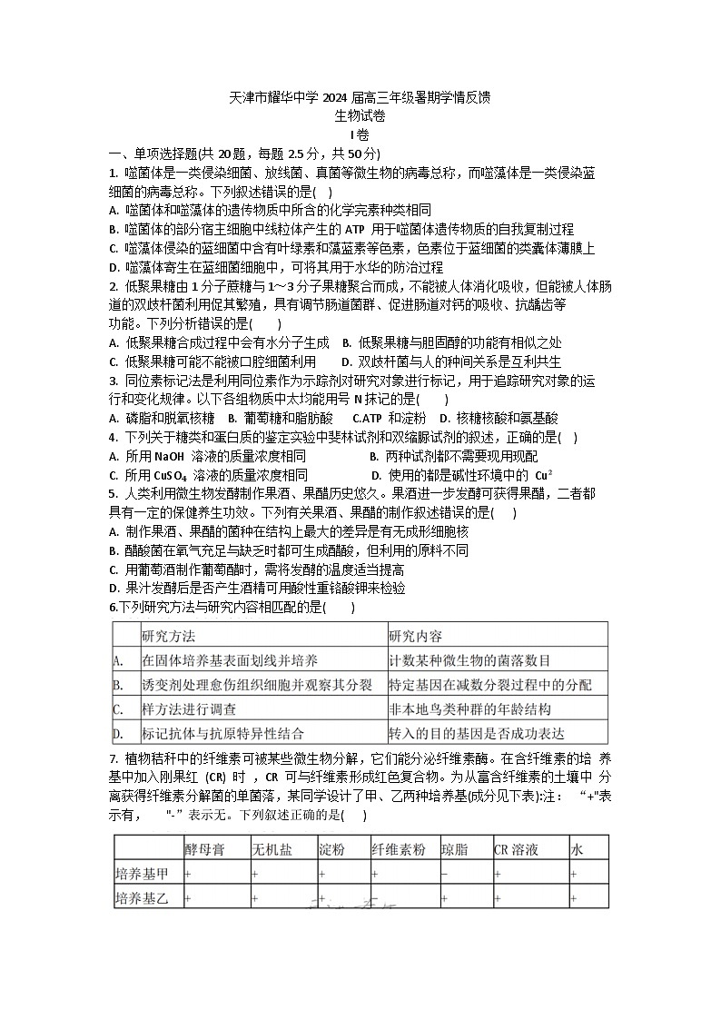 天津市耀华中学2023-2024学年高三上学期暑期学情反馈（开学考）生物试卷01