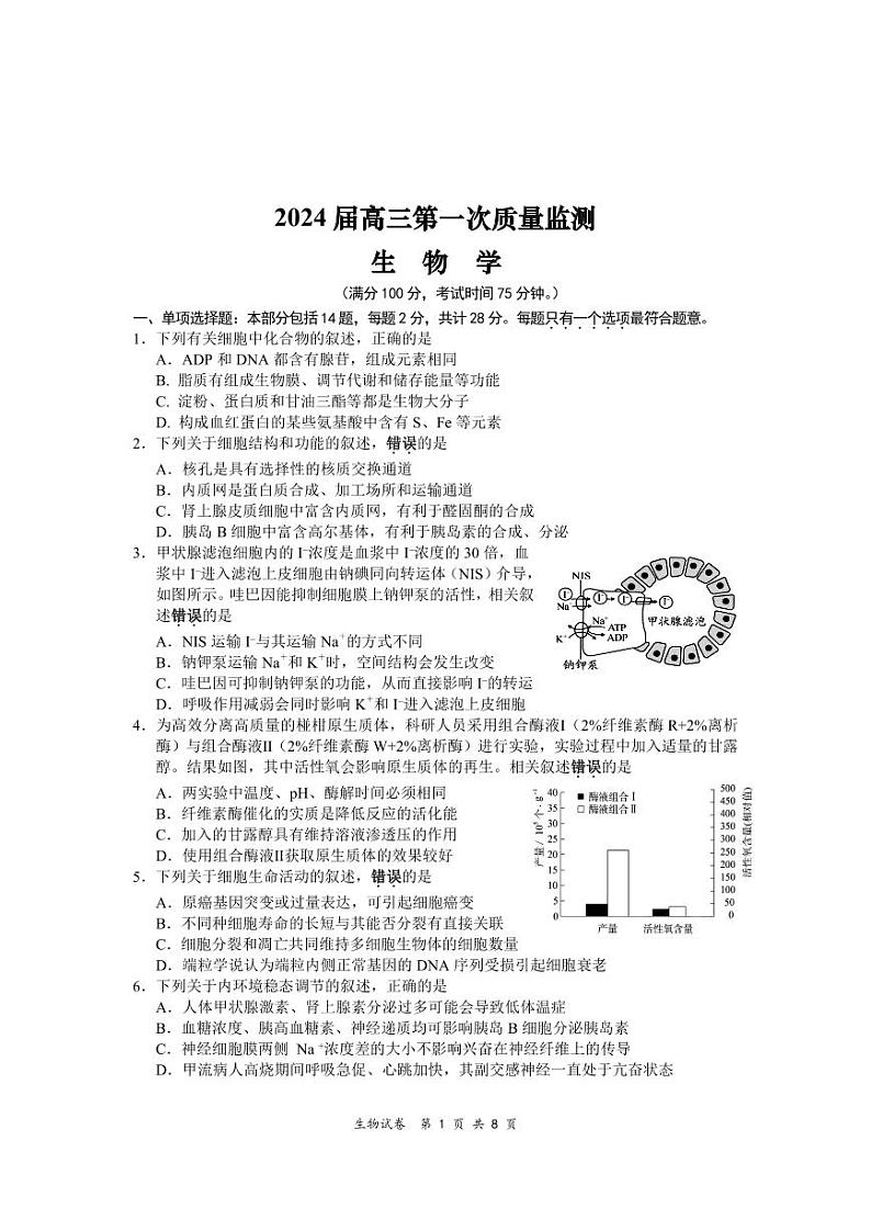 2024江苏省基地大联考高三上学期第一次质量监测生物试卷PDF版无答案01