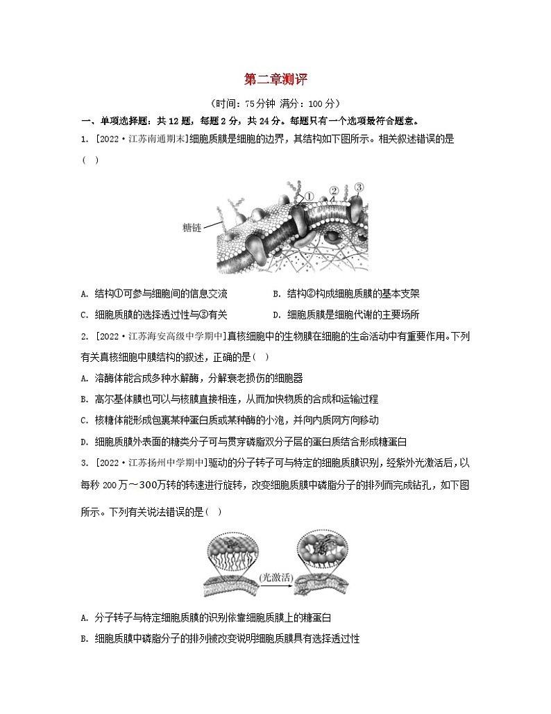 江苏专版2023_2024学年新教材高中生物第二章细胞的结构和生命活动测评苏教版必修101