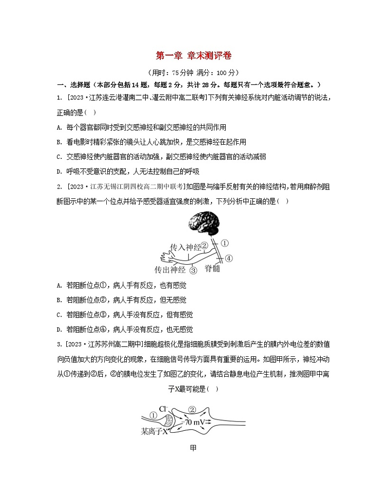 江苏专版2023_2024学年新教材高中生物第一章人体稳态维持的生理基础章末测评卷苏教版选择性必修101