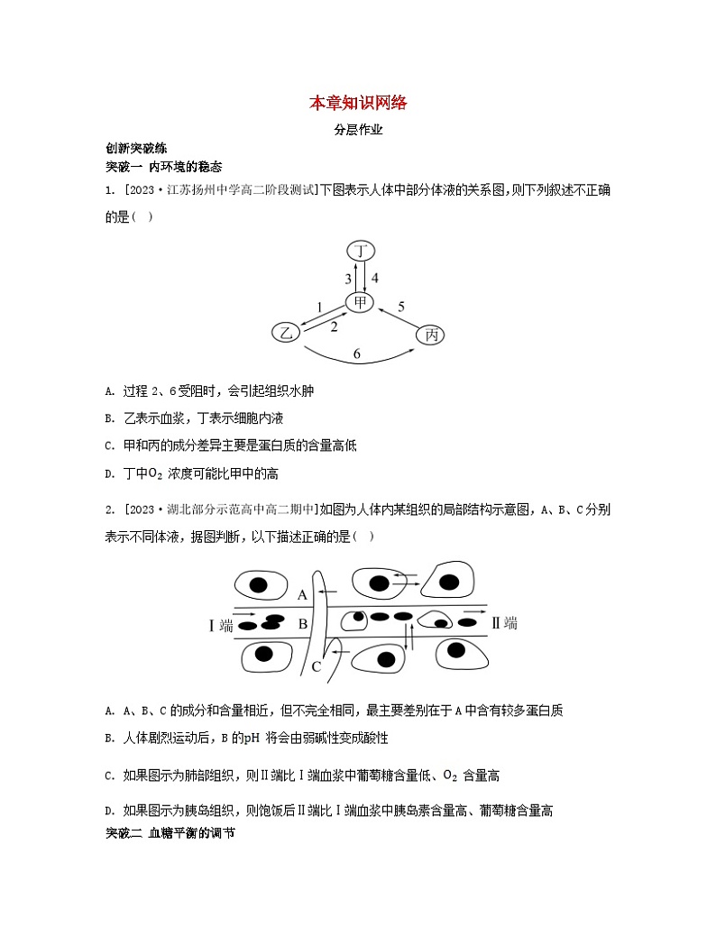 江苏专版2023_2024学年新教材高中生物第二章人体内环境与稳态本章知识网络苏教版选择性必修1 试卷01
