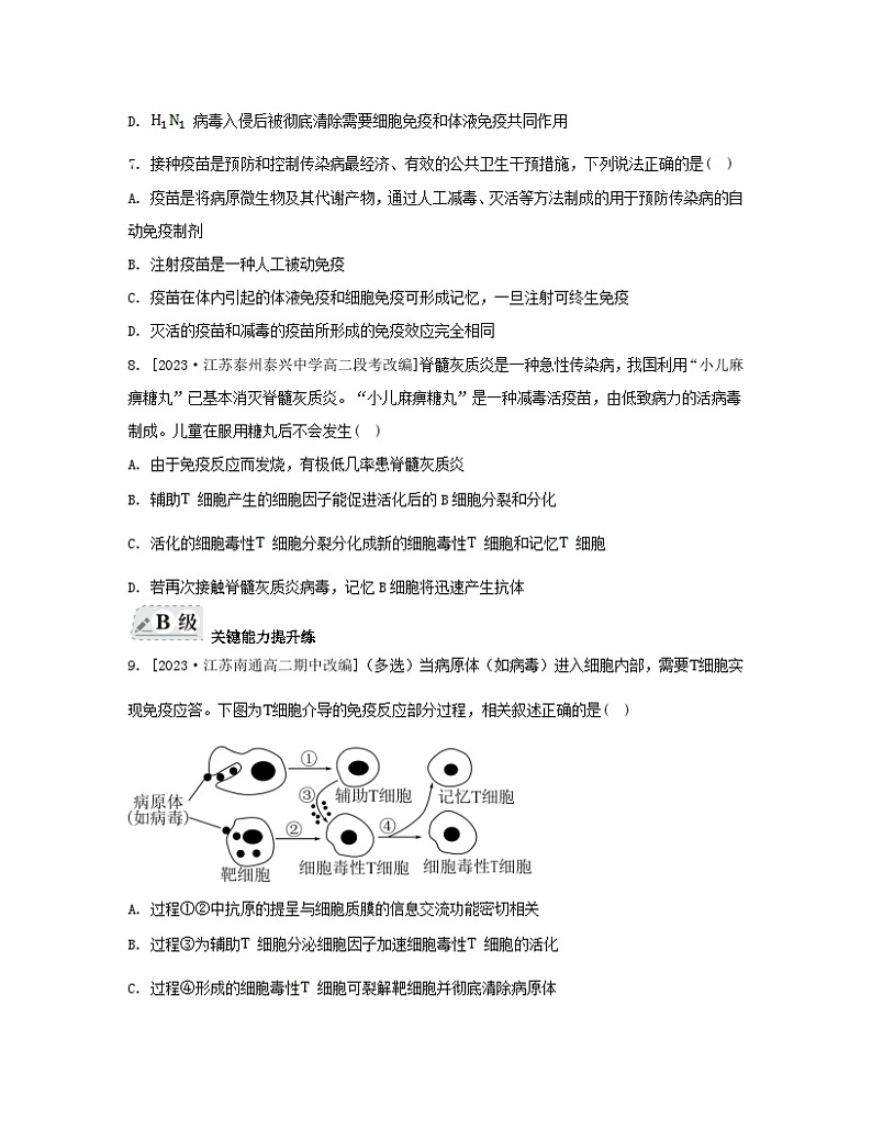 江苏专版2023_2024学年新教材高中生物第三章人的免疫调节与稳态第一节人体的免疫应答第二课时细胞免疫免疫制剂及神经调节体液调节和免疫调节的关系分层作业苏教版选择性必修103