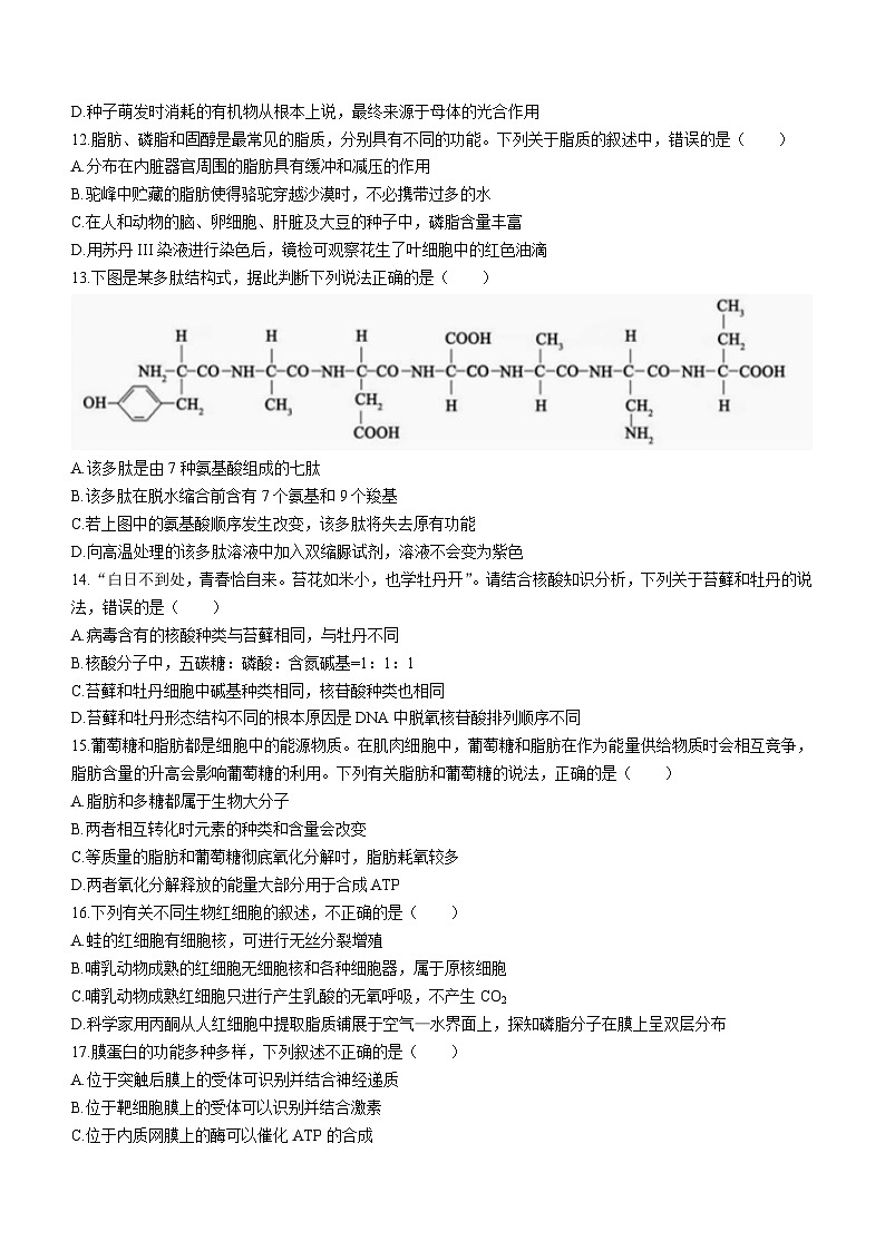 黑龙江省哈尔滨市九中学2023-2024学年高三上学期开学考试生物试题(无答案)03