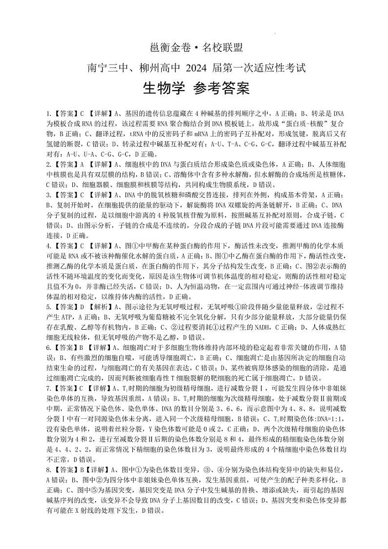 邕衡金卷名校联盟南宁三中、柳州高中2024届第一次适应性考试 生物试卷及参考答案01