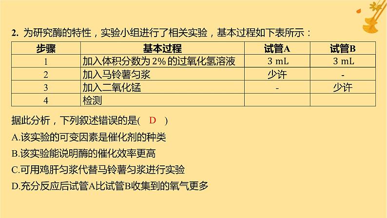 江苏专版2023_2024学年新教材高中生物第5章细胞的能量供应和利用第1节降低化学反应活化能的酶第1课时酶的作用和本质分层作业课件新人教版必修1第3页