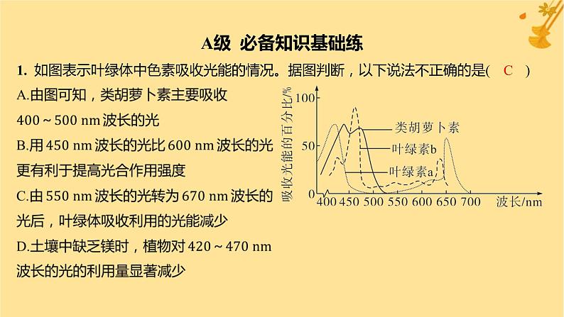 江苏专版2023_2024学年新教材高中生物第5章细胞的能量供应和利用第4节光合作用与能量转化第1课时捕获光能的色素和结构分层作业课件新人教版必修102