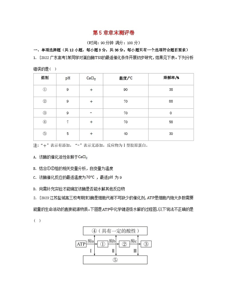 江苏专版2023_2024学年新教材高中生物第5章细胞的能量供应和利用章末测评卷新人教版必修101