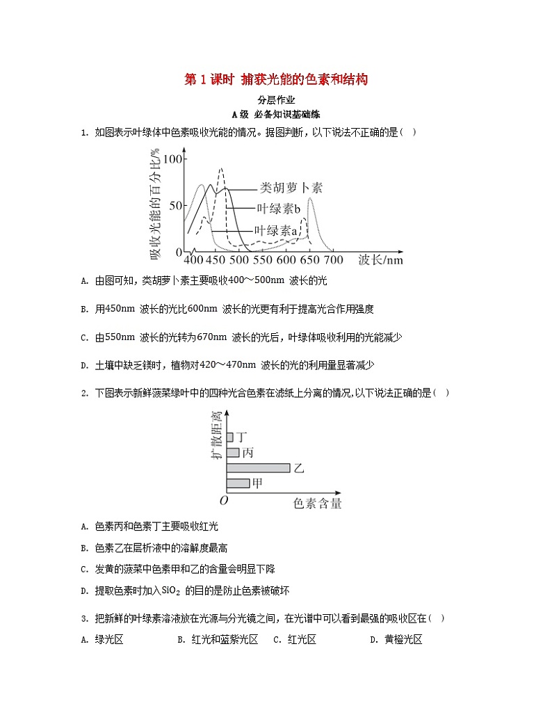 江苏专版2023_2024学年新教材高中生物第5章细胞的能量供应和利用第4节光合作用与能量转化第1课时捕获光能的色素和结构分层作业新人教版必修101