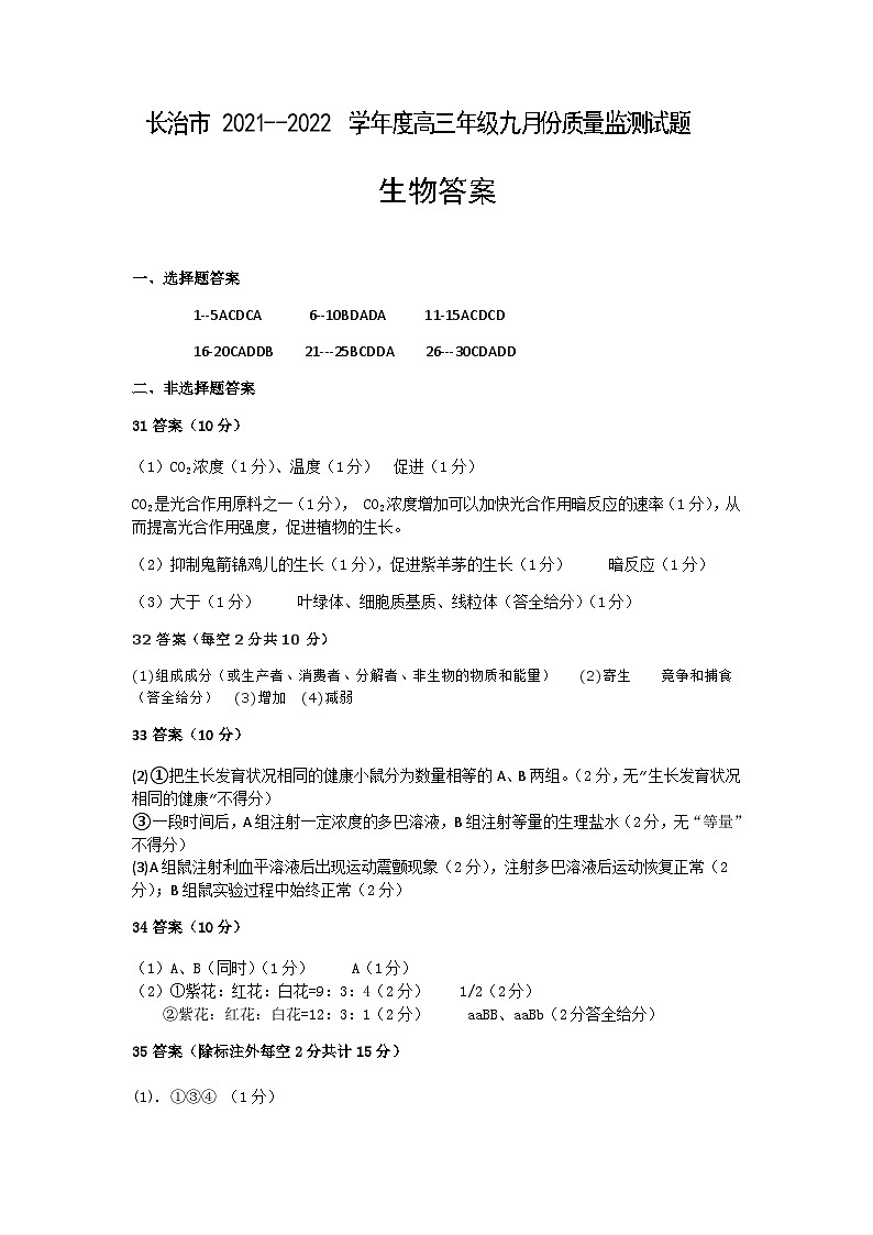 长治市2021—2022学年度高三年级九月份生物质量监测试题第1页