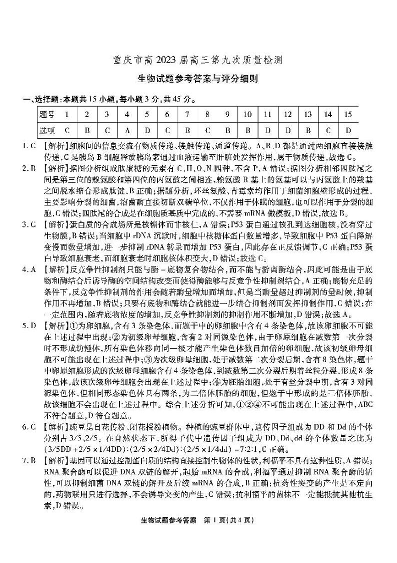 重庆市2023届高三下学期第九次质量检测 生物答案和解析第1页