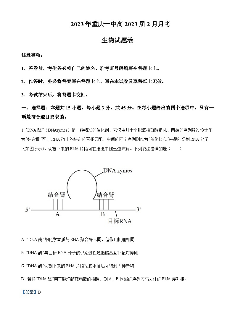 重庆市一中2022-2023学年高三2月月考生物试题  Word版含解析第1页