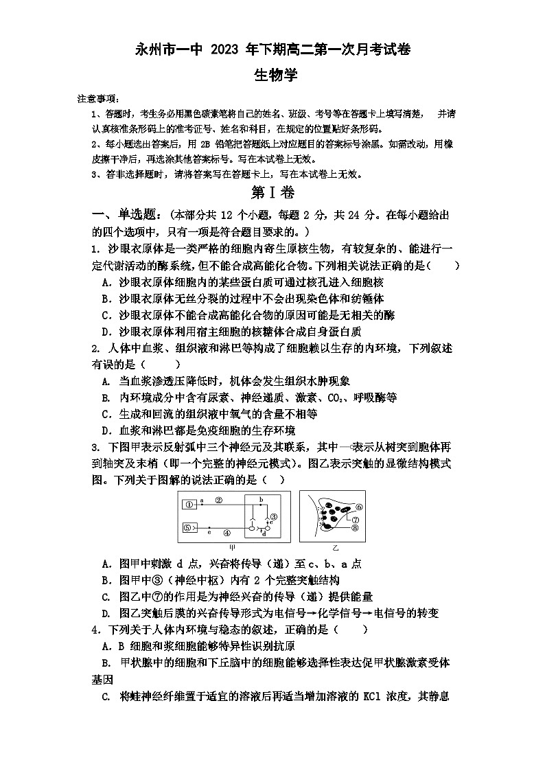湖南省永州市第一中学2023-2024学年高二生物上学期9月月考试题（Word版附解析）01