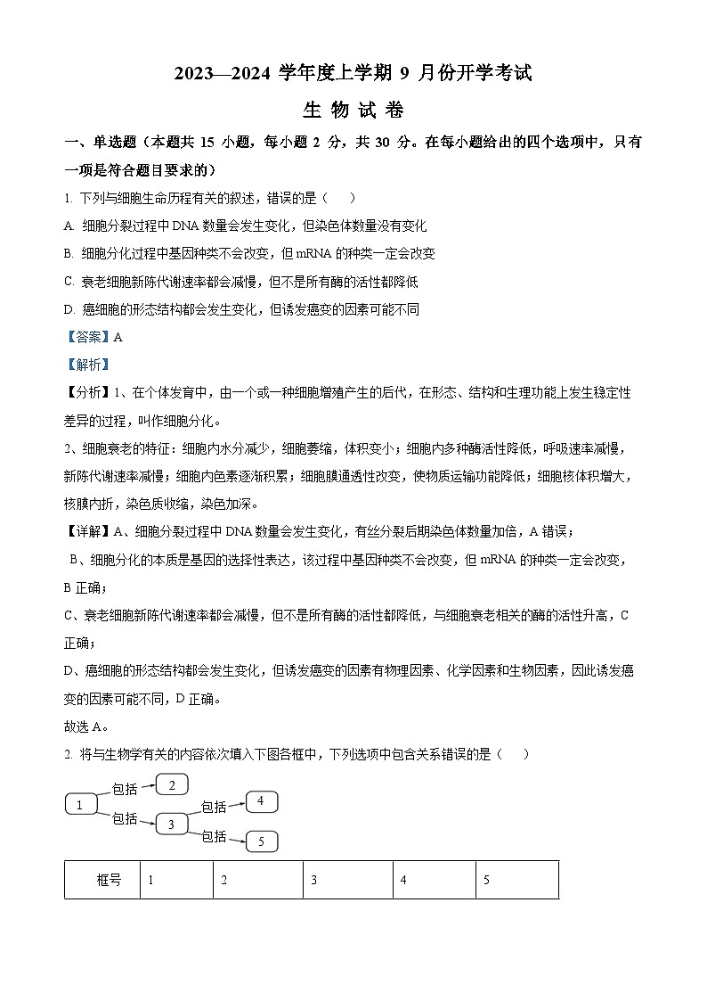 辽宁省沈阳市新民市高级中学2023-2024学年高三生物上学期9月开学试题（Word版附解析）01