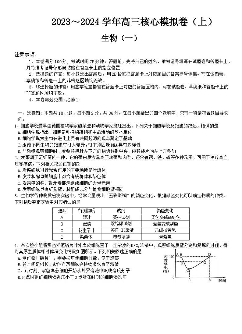 2023河南省部分名校-204学年高三上学期核心模拟（一）生物含解析 试卷01