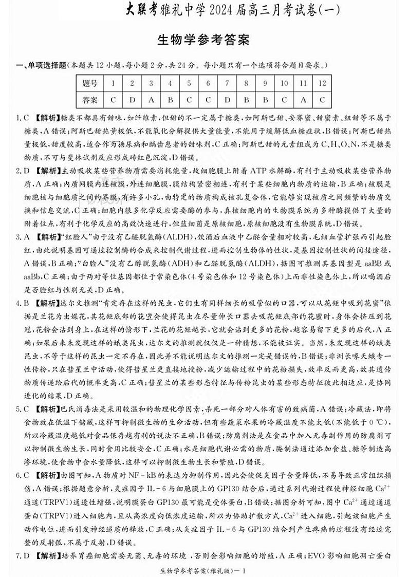 湖南省雅礼中学2024届高三月考试卷（一）生物答案和解析第1页