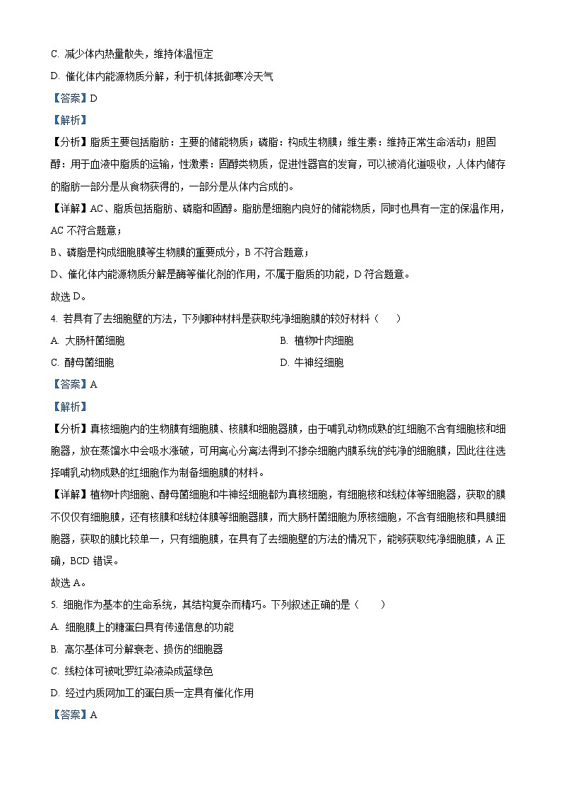 四川省自贡市一中2023-2024学年高三生物上学期开学考试试题（Word版附解析）02
